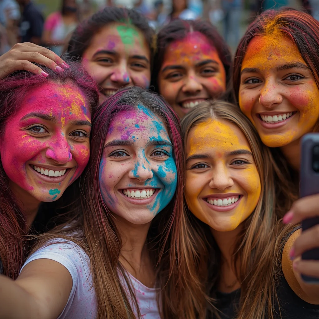 Happy Friends Covered in Colors Posing for a Holi Selfie | trending holi prompt instagram