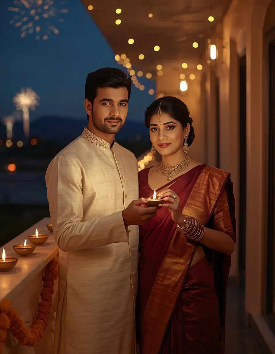 Ivory Couple Balcony Diya Glow
