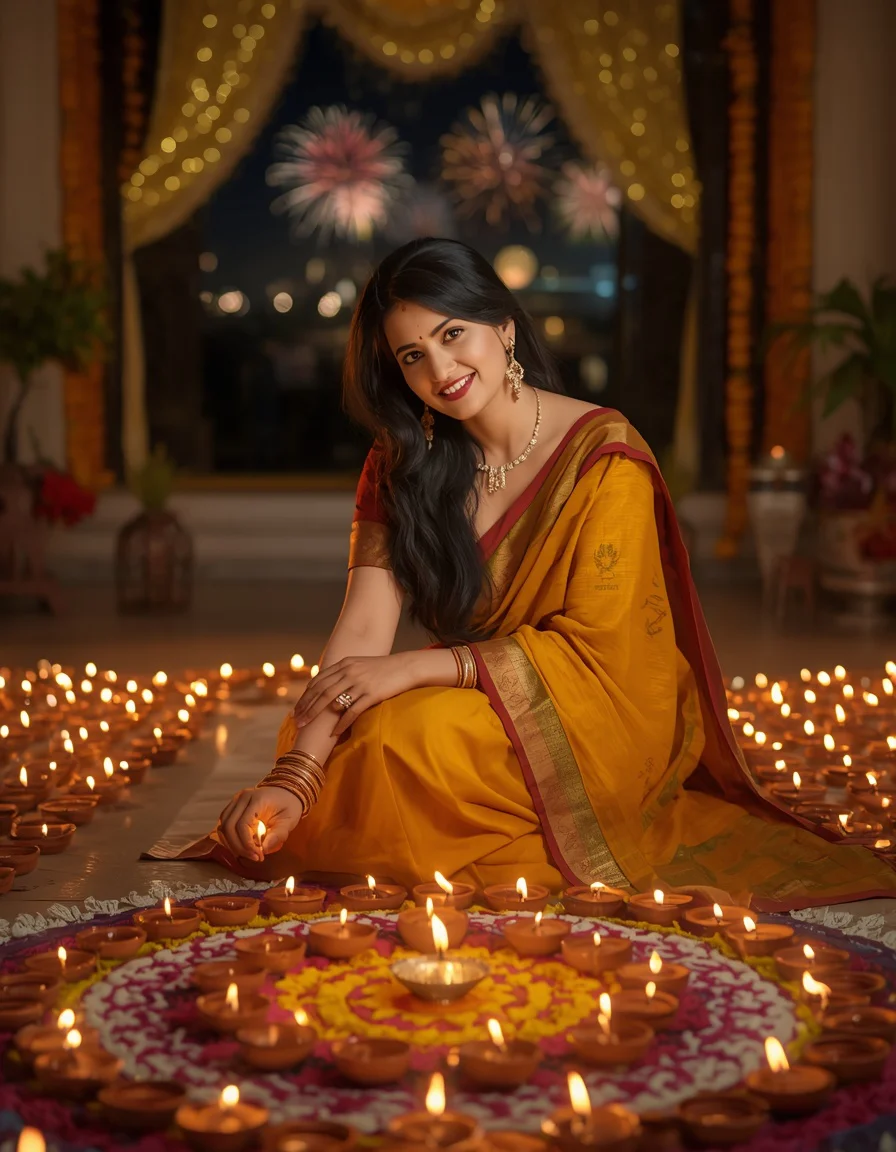 Mustard Silk Saree Rangoli Portrait