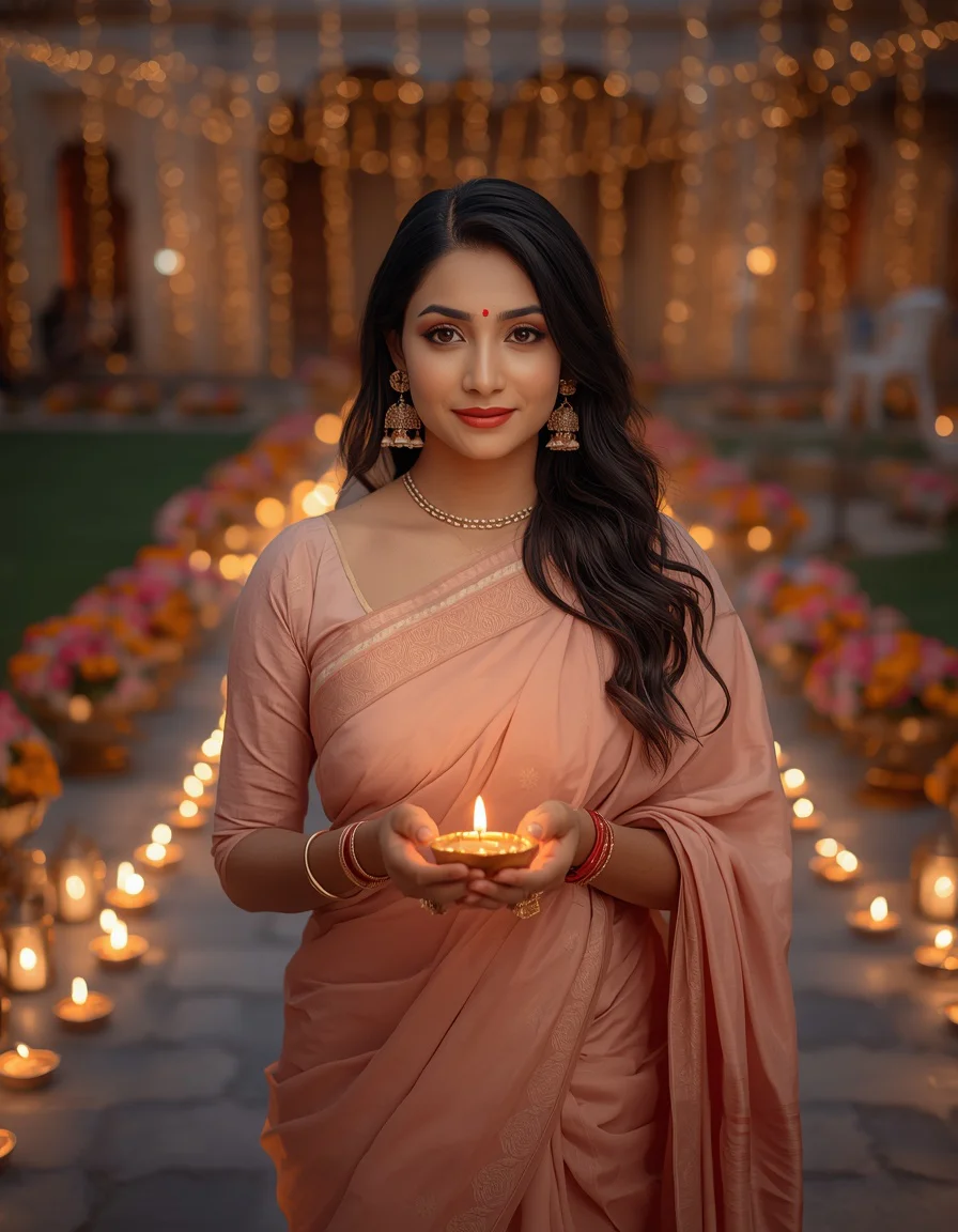 Peach Saree Floating Diya Glow