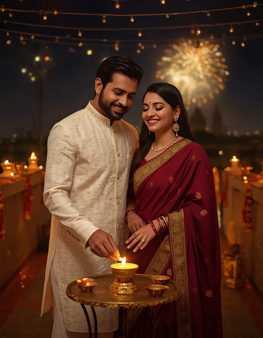 White Kurta Couple Terrace Glow